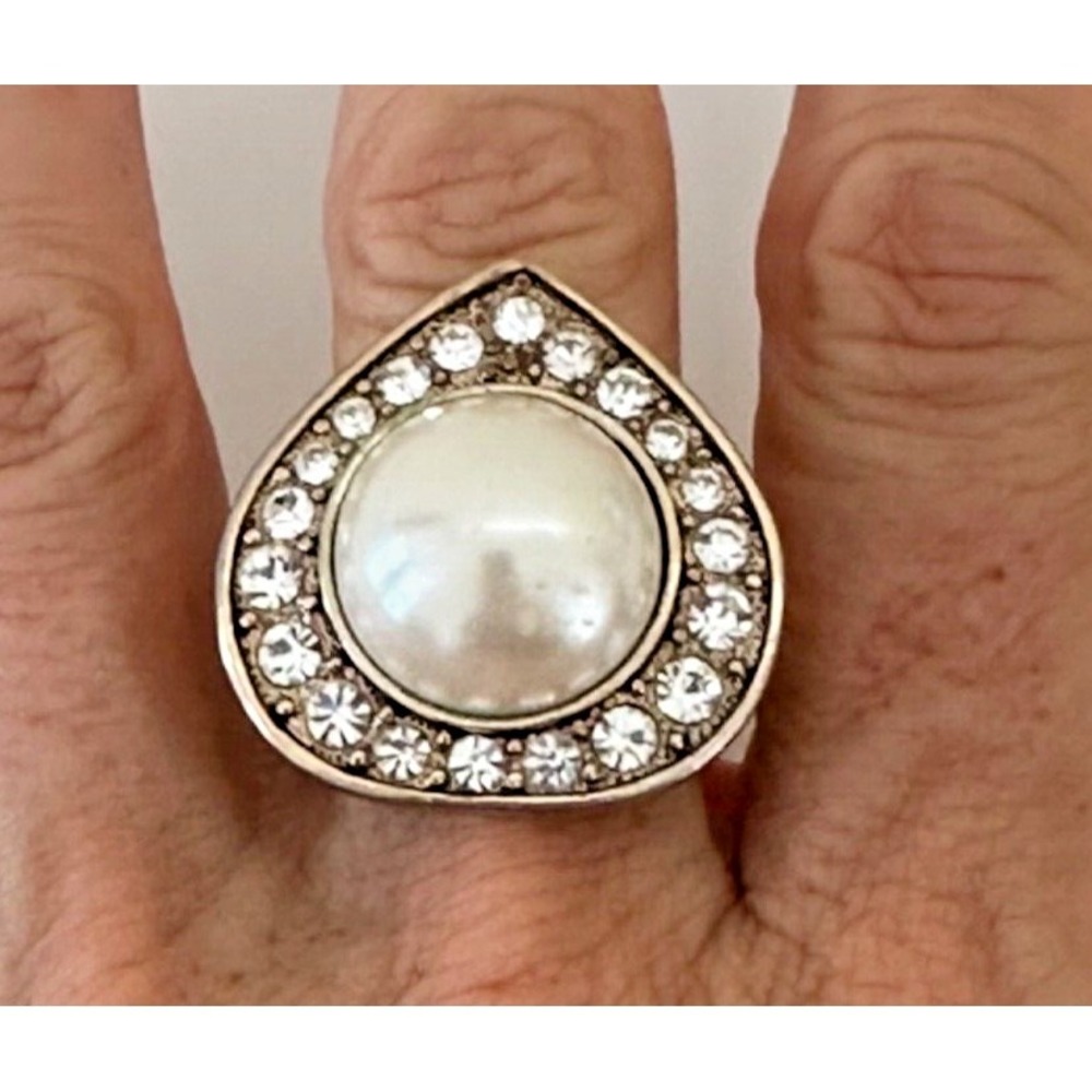 Arnold Scaasi Ring Pearl Crystals Cabochon Chunky Statement Size 7.5 Signed
